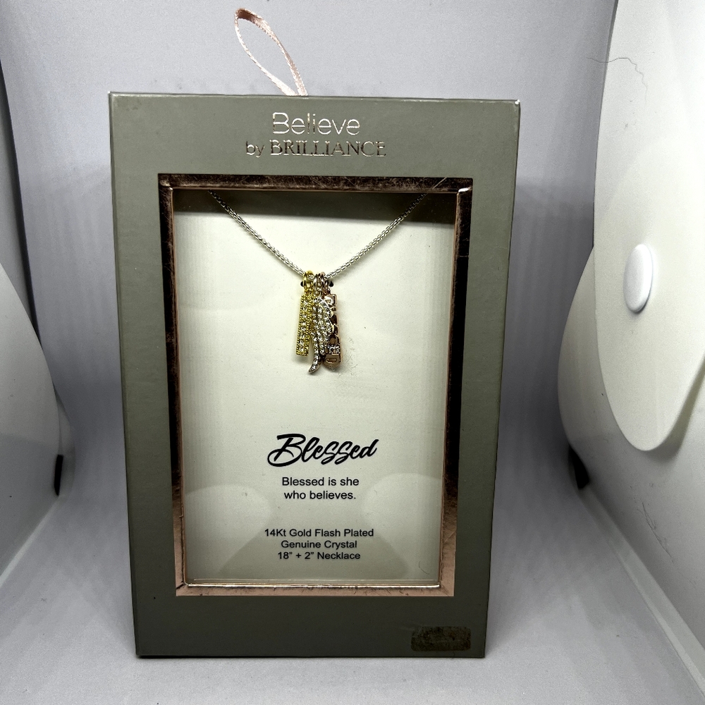 ☆ Blessed 14Kt Gold Plated Genuine Crystal Multi-Charm Pendant with 18" Chain